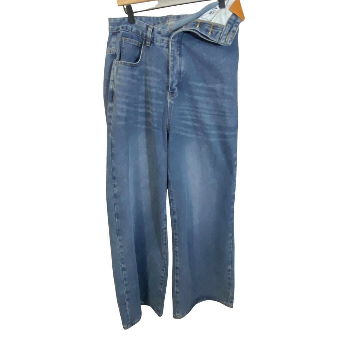 Micas Nwt Denim Asymmetrical High Waist Wide Leg Jeans Blue High Rise Sz L — image 3 of 8